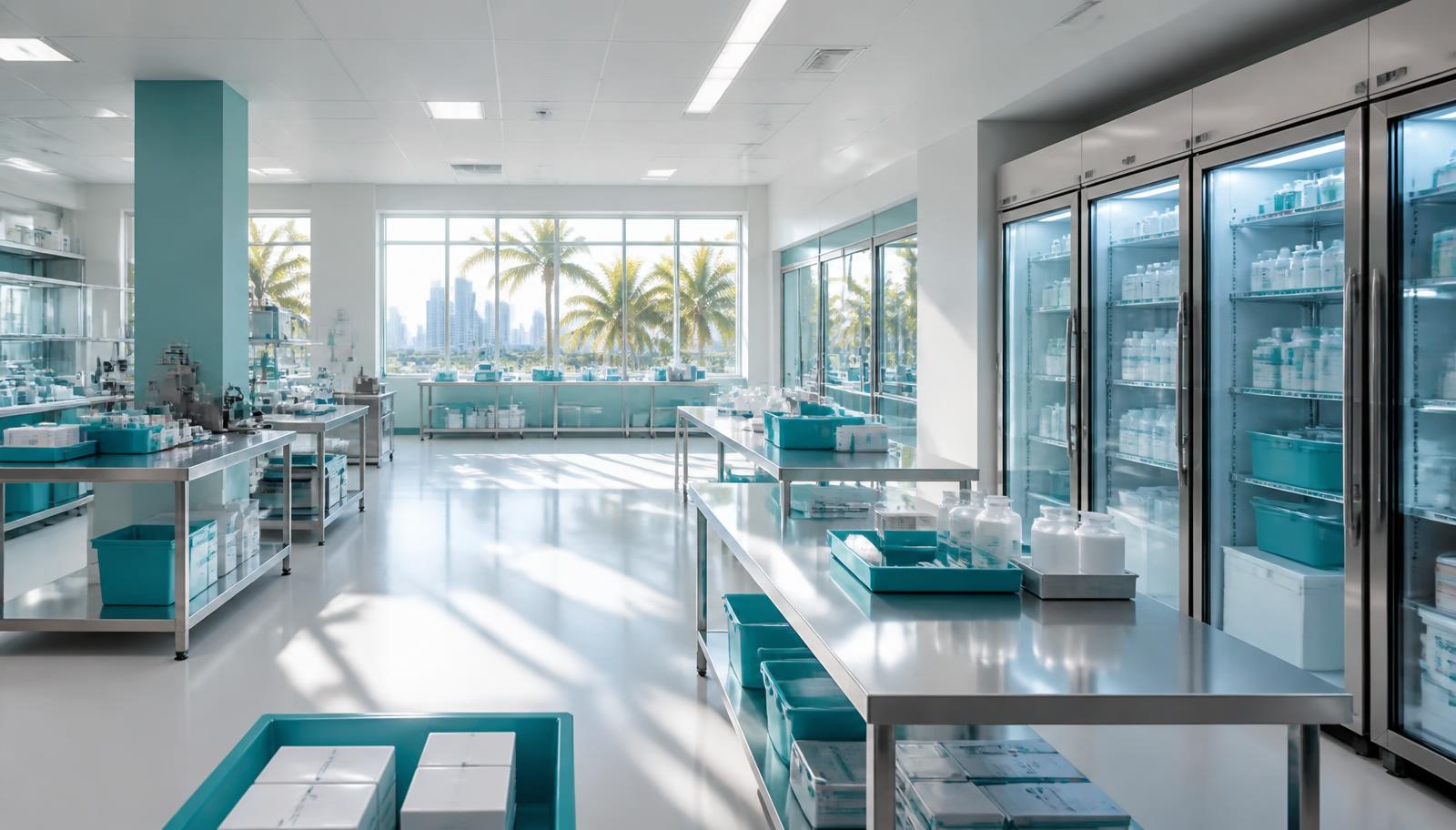 Quality-control and fulfillment workspace with organized shelving and temperature-controlled storage
