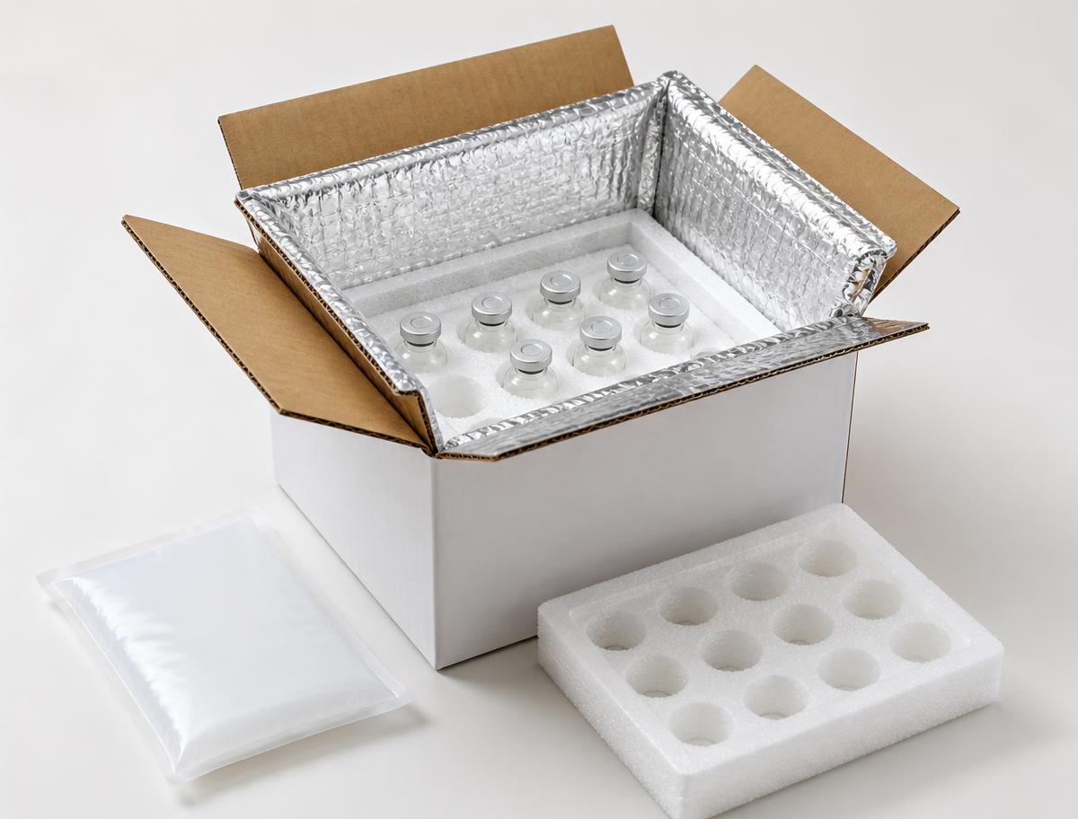 Insulated shipping box with thermal liner, cold pack and molded foam cushioning